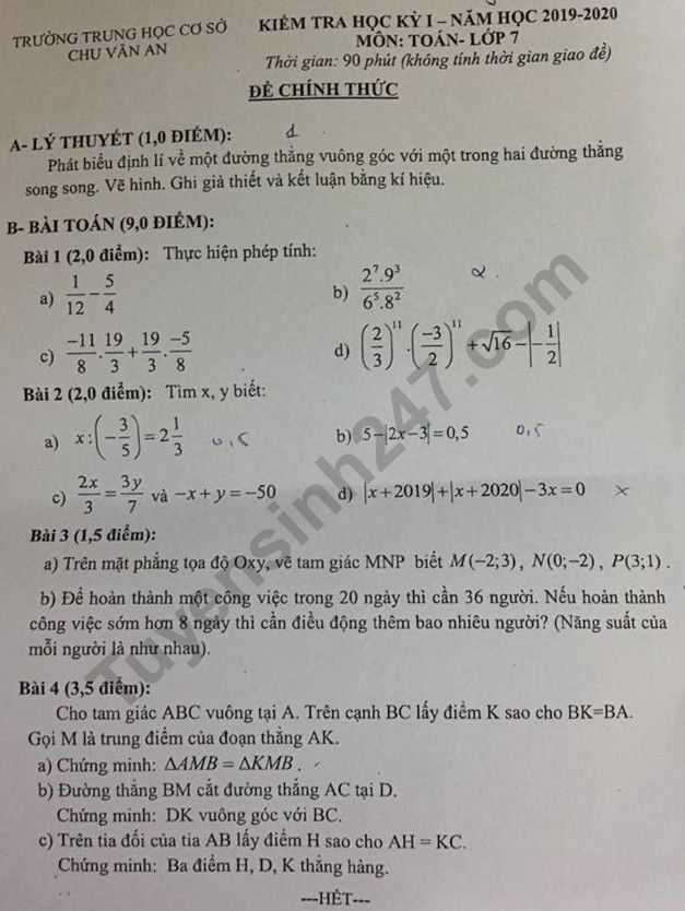 De thi mon Toan lop 7 ki 1 - THCS Chu Van An nam 2019