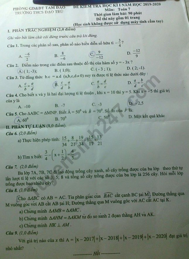 De thi mon Toan 7 ki 1 - THCS Dao Tru nam 2019