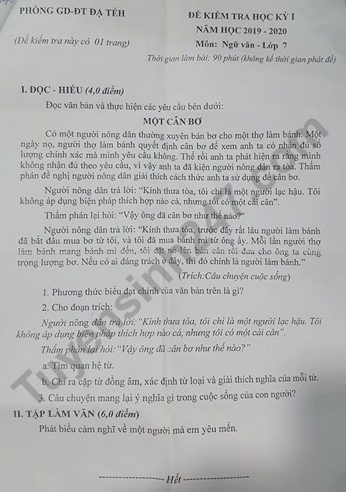 De thi ki 1 mon Van lop 7 Phong GD&DT Da Teh nam 2019