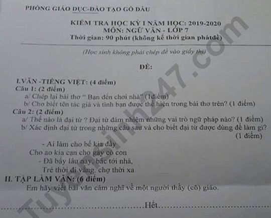 De thi ki 1 Van lop 7 Phong GD&DT Go Dau nam 2019