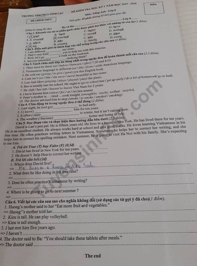 De thi ki 1 mon Anh lop 8 - THCS Vinh Lac nam 2019