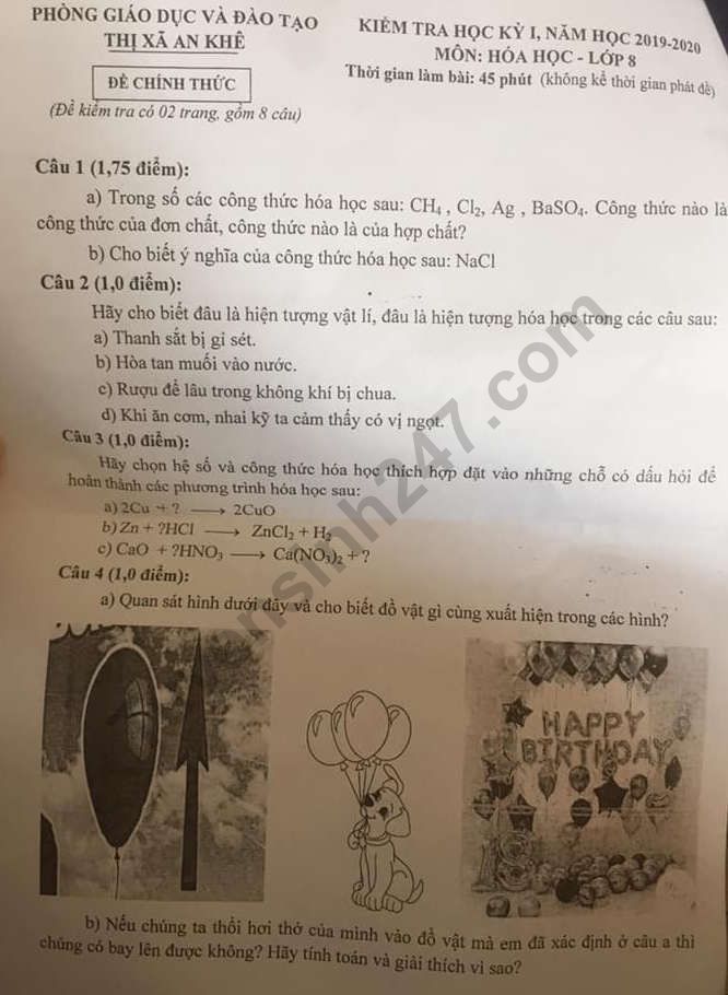 De thi ki 1 Hoa lop 8 Phong GD&DT An Khe nam 2019