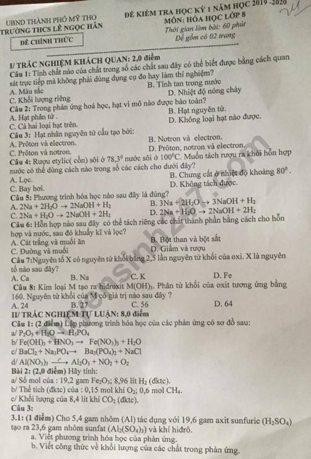 De thi hoc ki 1 mon Hoa lop 8 THCS Le Ngoc Han 2019