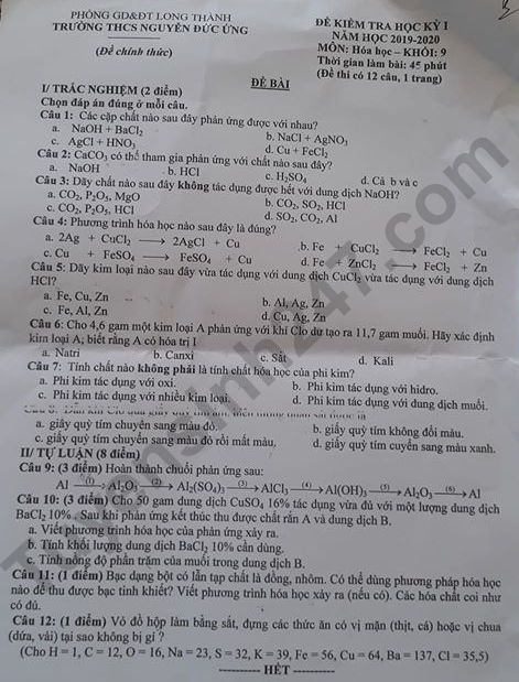 De thi mon Hoa lop 9 ki 1 THCS Nguyen Duc Ung 2019