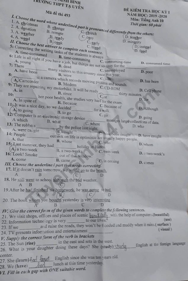 De thi ki 1 mon Anh lop 10 THPT Ta Uyen 2019 - 2020