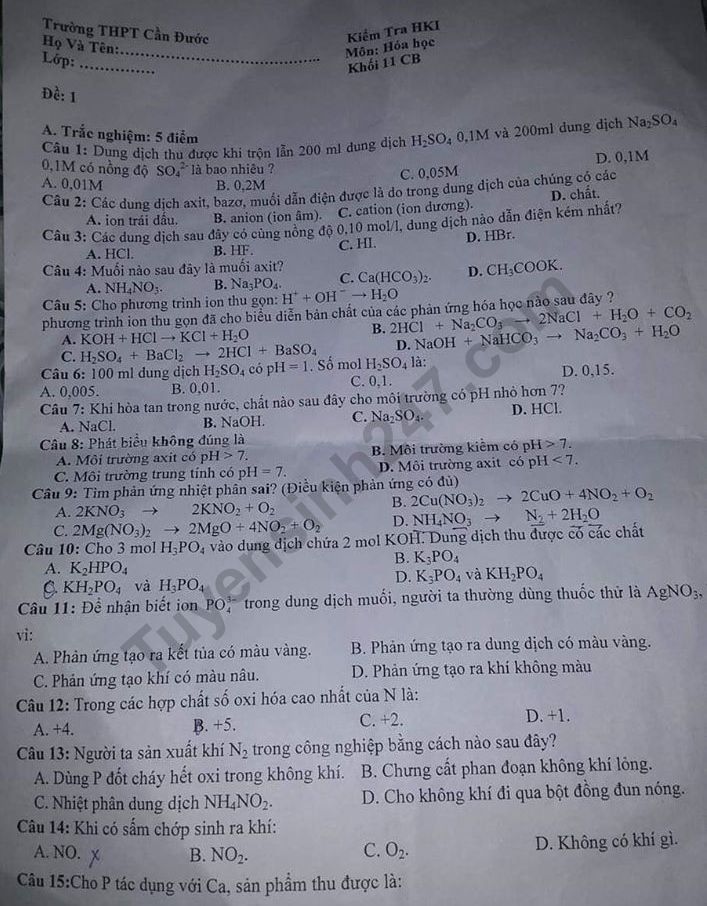 De thi ki 1 mon Hoa lop 11 THPT Can Duoc 2019