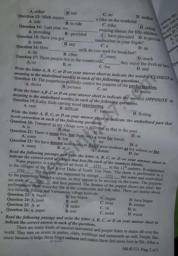 De thi ki 1 lop 7 mon Anh 2019 - 2020 Phong GD Lap Vo