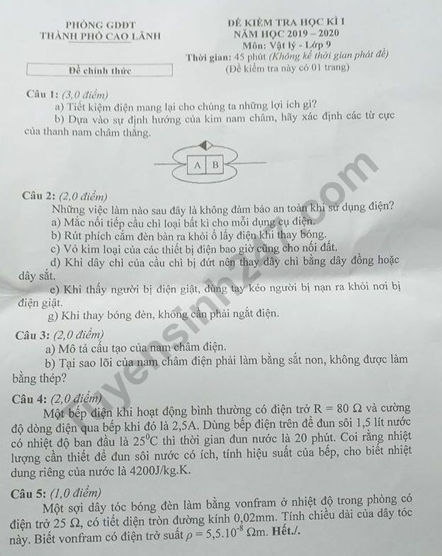 De thi ki 1 lop 9 mon Ly 2019 - 2020 Cao Lanh