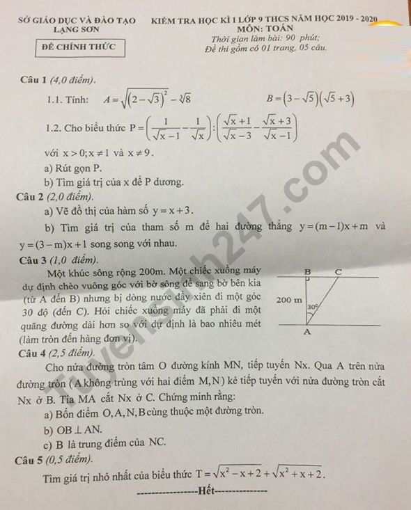 De thi ki 1 mon Toan lop 9 - So GD Lang Son 2019