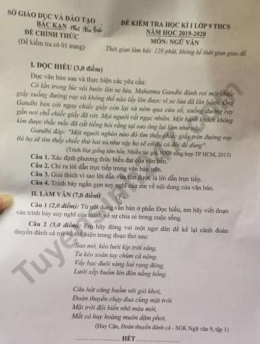 De thi ki 1 lop 9 mon Van 2019 - 2020 Bac Kan