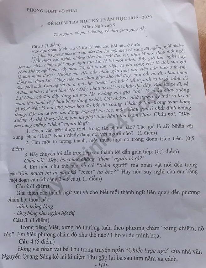 De kiem tra ki 1 lop 9 mon Van Phong GD Vo Nhai 2019