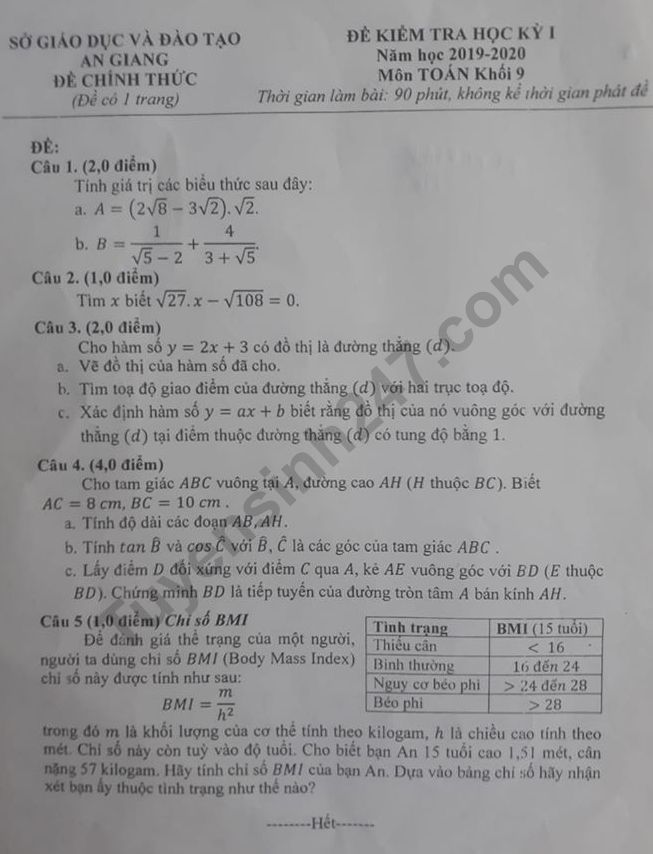 De thi ki 1 lop 9 mon Toan 2019 - 2020 So GD An Giang