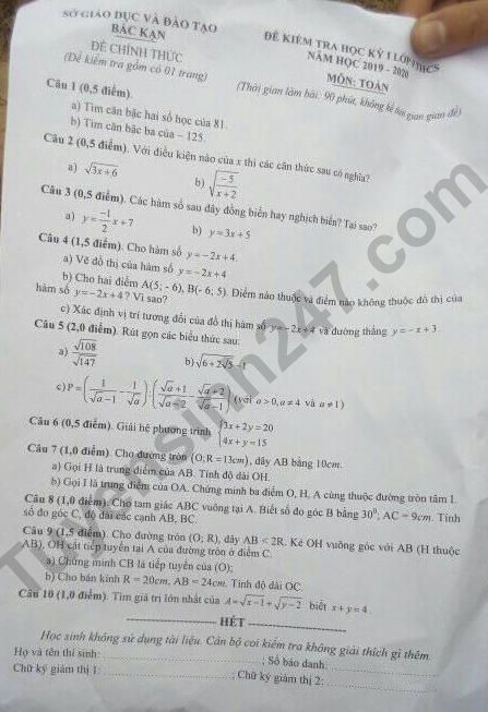 De thi ki 1 lop 9 mon Toan So GD Bac Kan 2019 - 2020