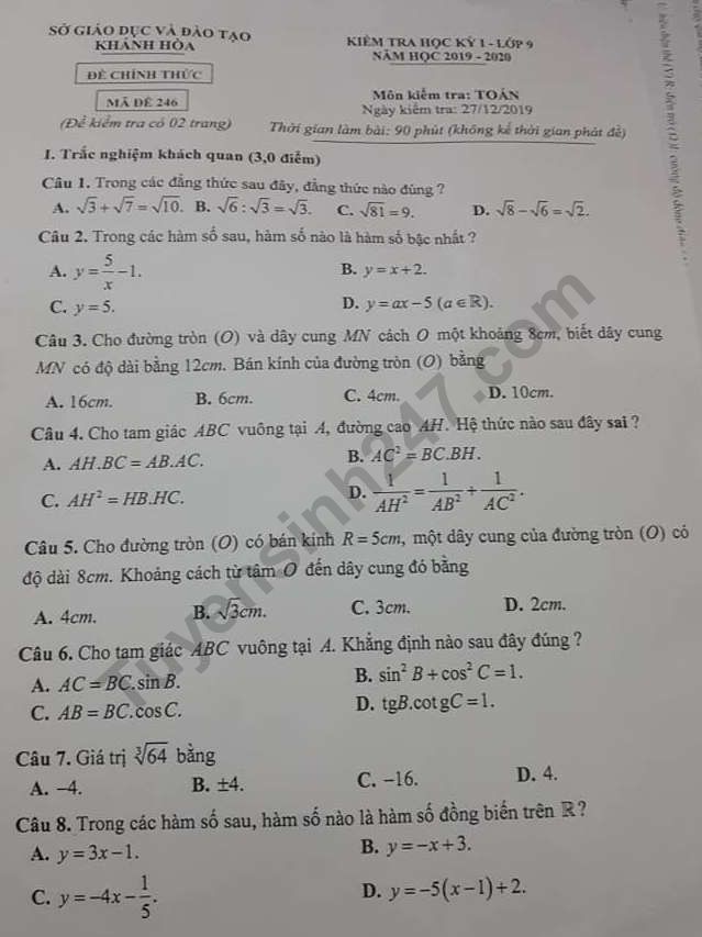 De thi ki 1 mon Toan lop 9 So GD Khanh Hoa 2019 - 2020