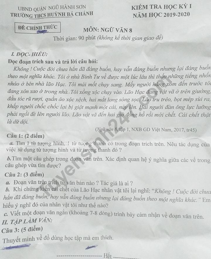 De thi ki 1 mon Van lop 8 THCS Huynh Ba Chanh nam 2019