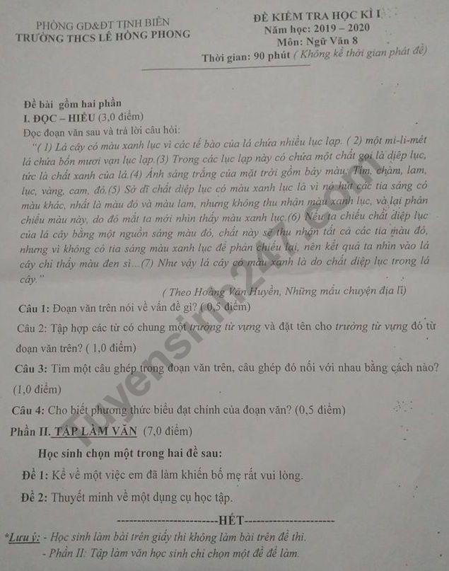 De thi mon Van lop 8 ki 1 THCS Le Hong Phong nam 2019