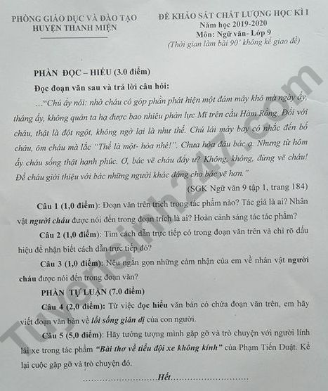De thi ki 1 Van lop 9 Phong GD&DT Thanh Mien nam 2019