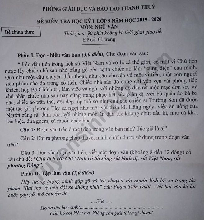 De thi ki 1 mon Van lop 9 Phong GD&DT Thanh Thuy nam 2019