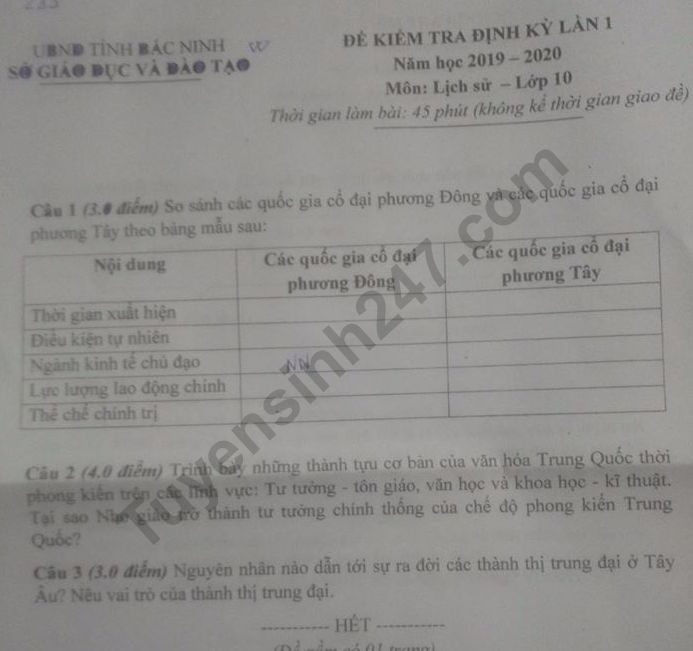 De thi ki 1 Su lop 10 So GD&DT Bac Ninh nam 2019