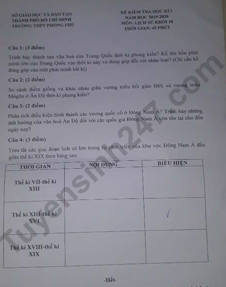 De thi ki 1 mon Su lop 10 - THPT Phong Phu 2019