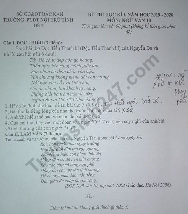 De thi Van lop 10 ki 1 PTNT Noi tru Tinh Bac Kan 2019