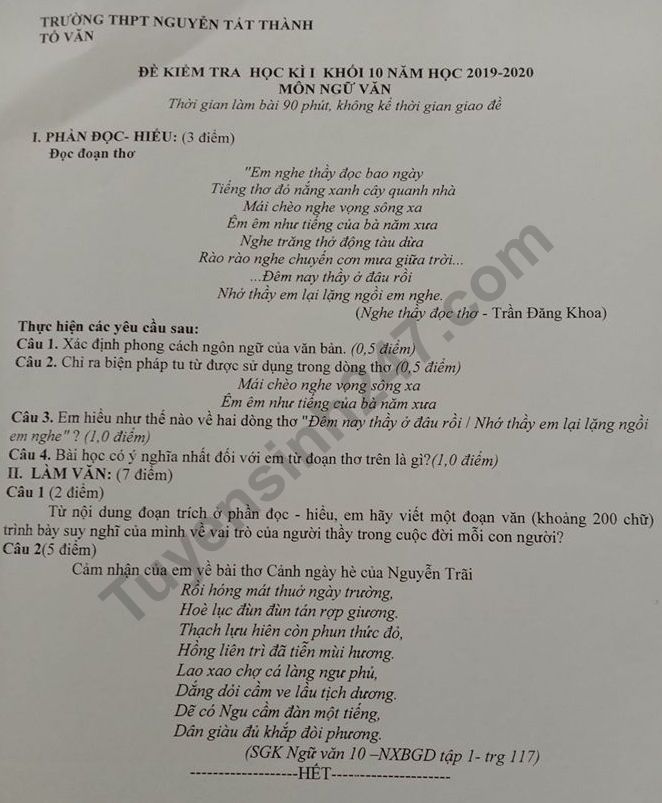De thi ki 1 mon Van lop 10 THPT Nguyen Tat Thanh 2019