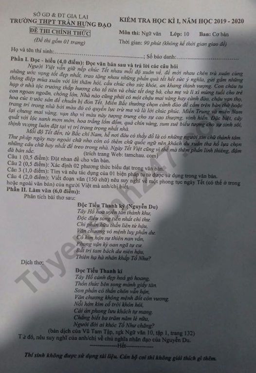 De thi hoc ki 1 Van lop 10 THPT Tran Hung Dao nam 2019