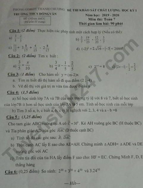 De thi ki 1 mon Toan lop 7 THCS Dong Van 2019