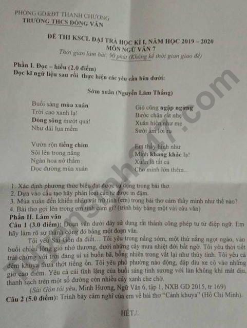 De thi hoc ki 1 mon Van lop 7 THCS Dong Van 2019