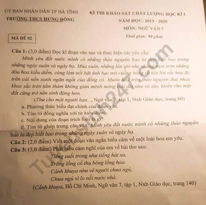 De thi mon Van lop 7 ki 1 THCS Hung Dong 2019