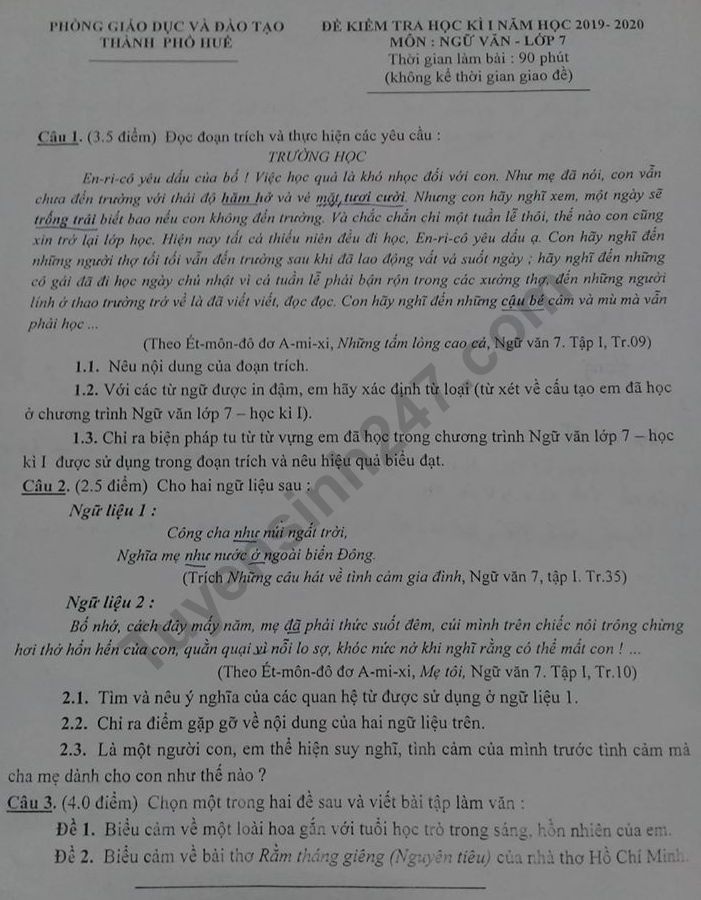 De thi ki 1 lop 7 mon Van 2019 - 2020 Phong GD Hue