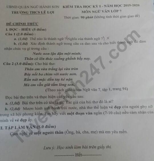 De thi ki 1 mon Van lop 7 THCS Le Loi 2019 - 2020