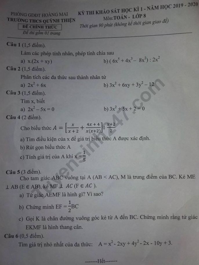 De thi hoc ki 1 mon Toan lop 8 THCS Quynh Thien 2019