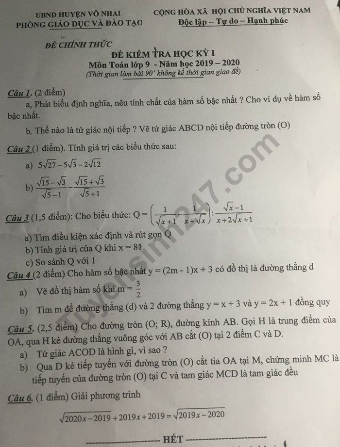 De thi ki 1 Toan lop 9 Phong GD&DT Vo Nhai nam 2019