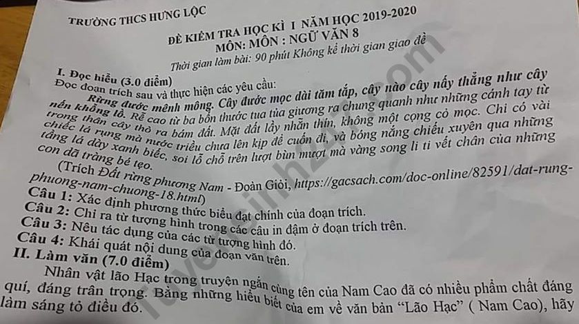 De thi mon Van lop 8 ki 1 - THCS Hung Loc 2019