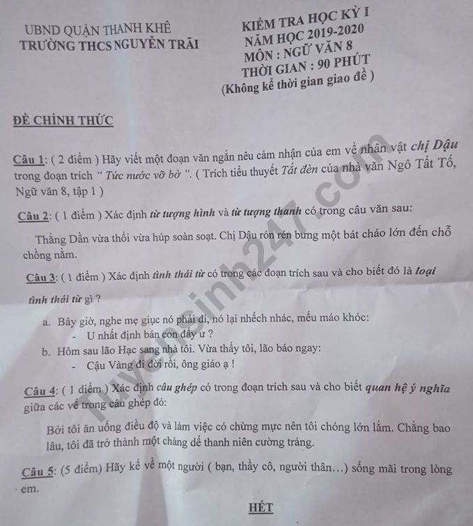 De thi hoc ki 1 mon Van lop 8 THCS Nguyen Trai 2019