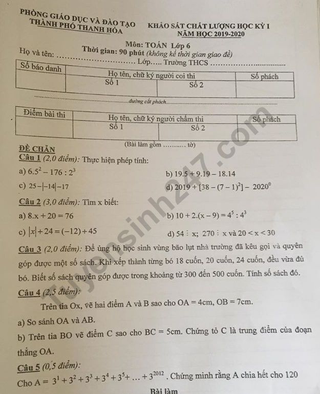 De thi ki 1 lop 6 mon Toan 2019 - 2020 Phong GD Thanh Hoa