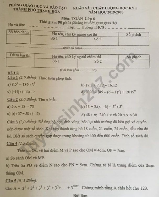 De thi ki 1 lop 6 mon Toan 2019 - 2020 Phong GD Thanh Hoa