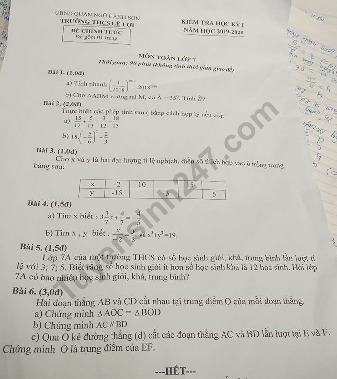 De thi ki 1 lop 7 mon Toan THCS Le Loi 2019 - 2020
