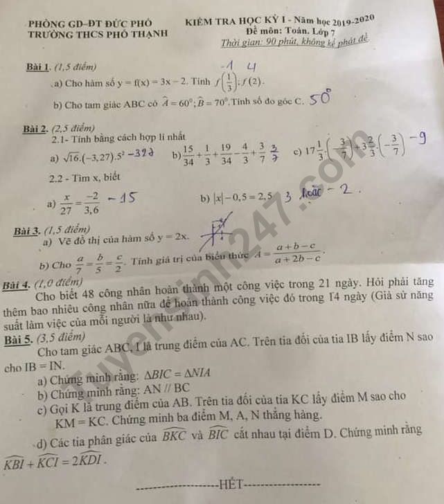 De thi ki 1 lop 7 mon Toan THCS Pho Thanh 2019
