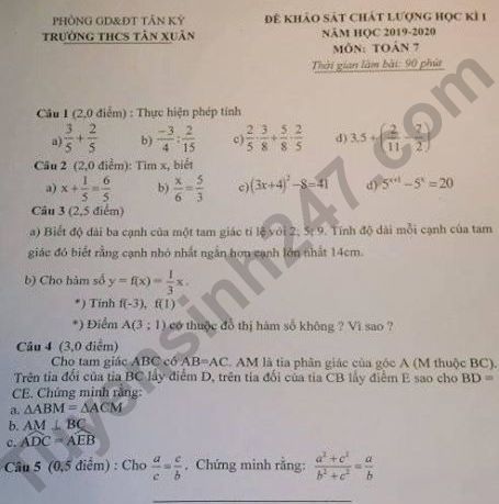 De thi ki 1 mon Toan lop 7 THCS Tan Xuan 2019