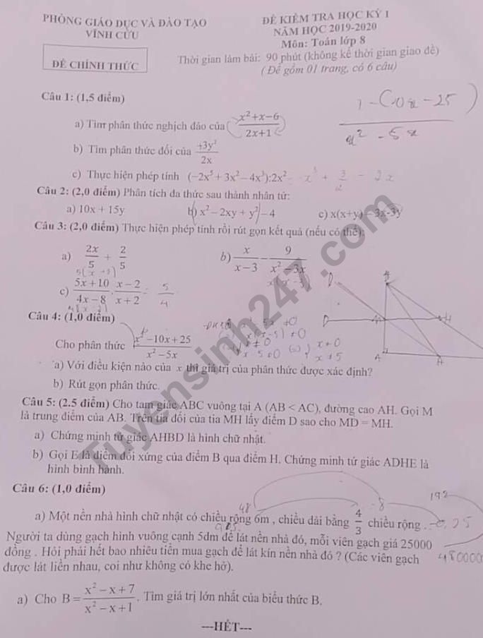 De thi ki 1 lop 8 mon Toan Phong GD Vinh Cuu 2019 - 2020