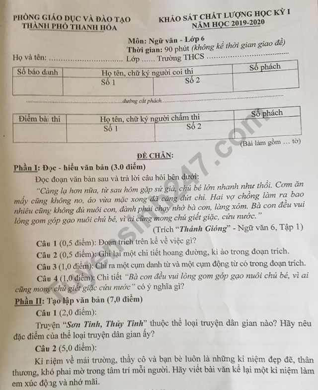 De thi ki 1 mon Van lop 6 nam 2020 - Phong GD Thanh Hoa