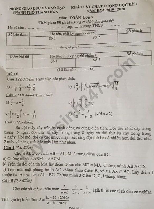 De thi ki 1 mon Toan lop 7 - Phong GD Thanh Hoa 2019