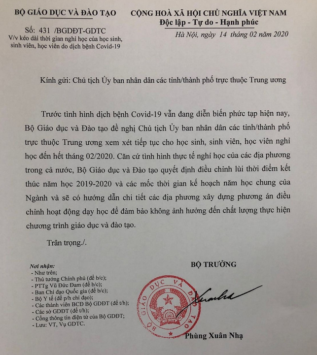 Bo GD de nghi cho hoc sinh, sinh vien nghi het thang 2/2020