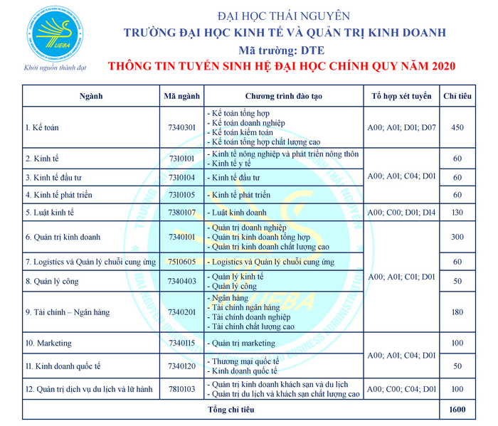 Dai hoc Kinh te va quan tri kinh doanh - DH Thai Nguyen tuyen sinh 2020