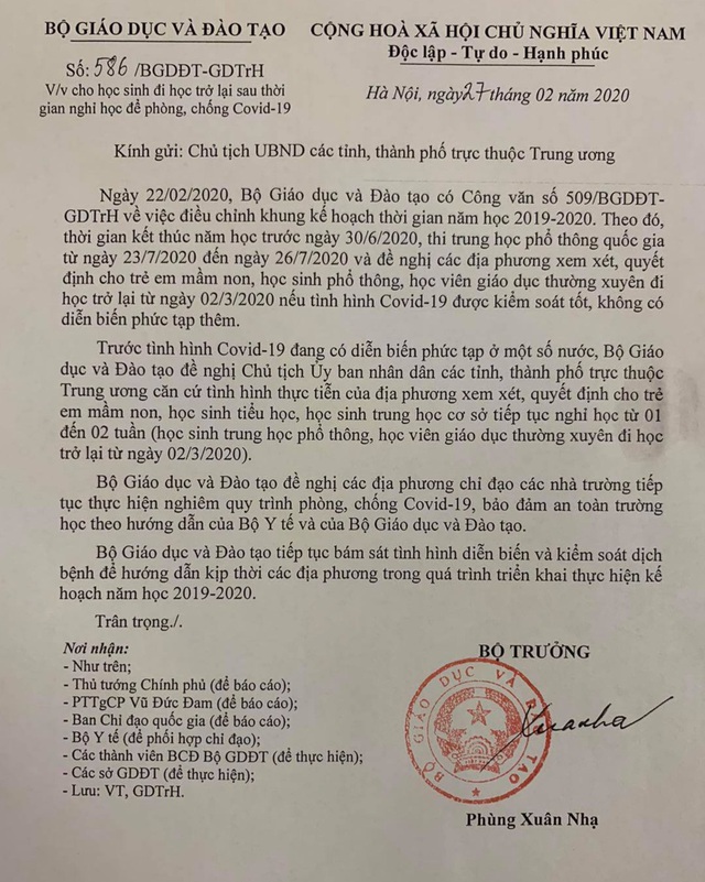 Bo GD de nghi cho hoc sinh THPT di hoc tu 2/3