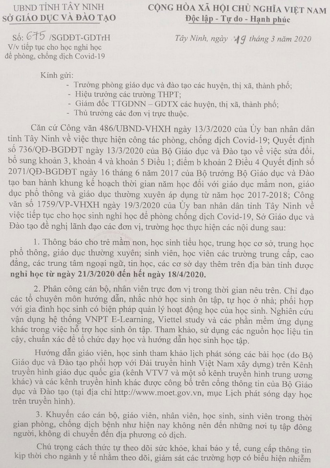 Tinh dau tien cho hoc sinh cac cap nghi het ngay 18/4