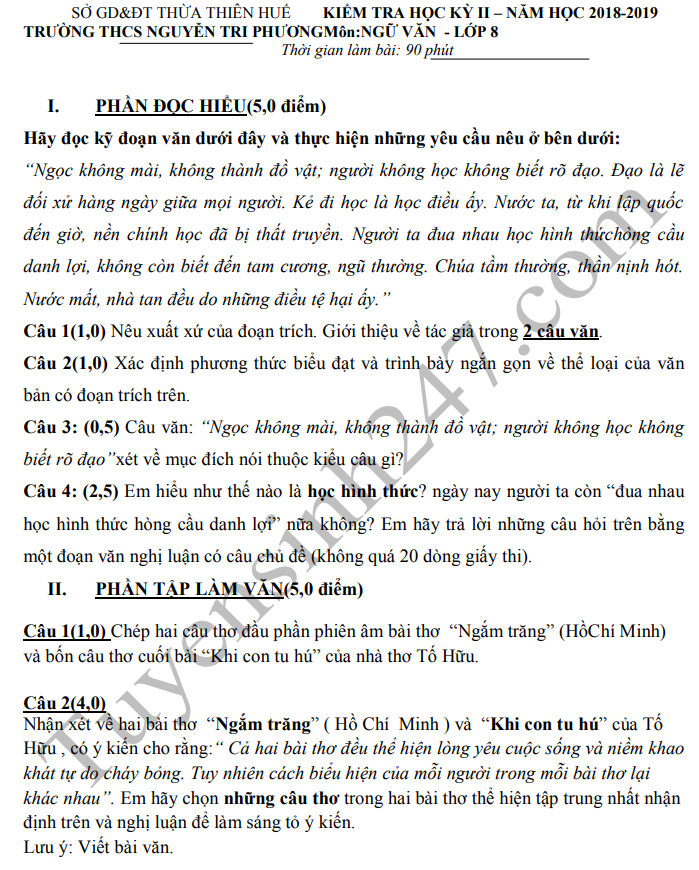 De thi ki 2 mon Van lop 8 THCS Nguyen Tri Phuong 2019