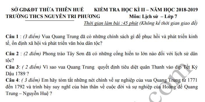 De thi ki 2 lop 7 mon Su THCS Nguyen Tri Phuong 2019